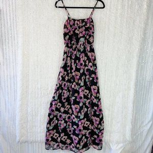 LC Lauren Conrad Maxi Dress Size XSMALL Ruffle Bodice Purple Black Floral Lined